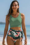 LC433055-9-S, LC433055-9-M, LC433055-9-L, LC433055-9-XL, Green Floral Printed Lace Up Two Piece Swimsuit High Waisted Bottom Bikini Set