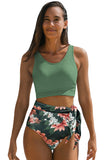 LC433055-9-S, LC433055-9-M, LC433055-9-L, LC433055-9-XL, Green Floral Printed Lace Up Two Piece Swimsuit High Waisted Bottom Bikini Set