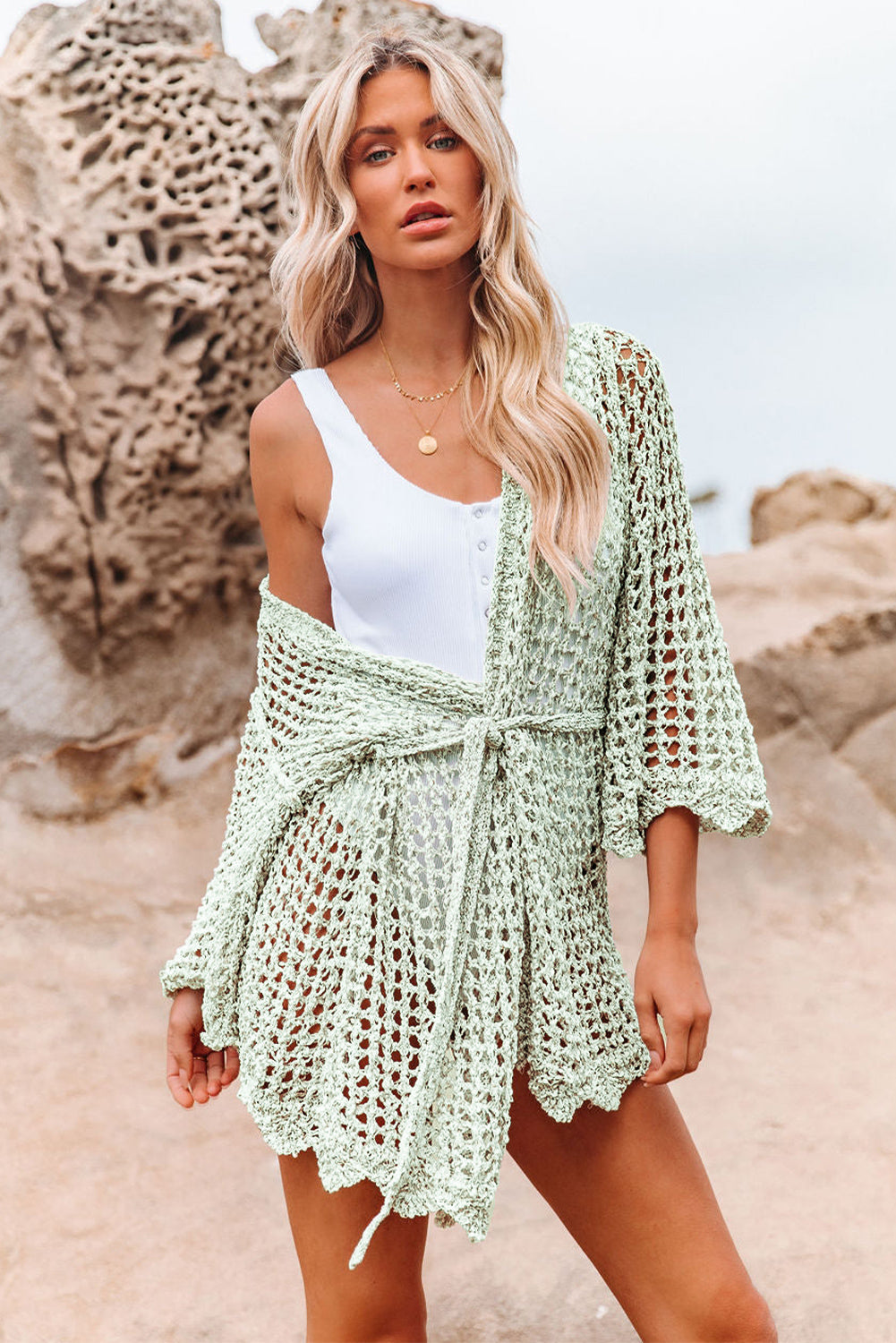 LC2541365-9, Green Knit Crochet Open Front Beach Cover Up with Tie