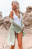 LC2541365-9, Green Knit Crochet Open Front Beach Cover Up with Tie