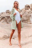 LC2541365-9, Green Knit Crochet Open Front Beach Cover Up with Tie