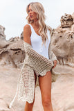 LC2541365-18, Apricot Knit Crochet Open Front Beach Cover Up with Tie