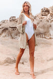 LC2541365-18, Apricot Knit Crochet Open Front Beach Cover Up with Tie