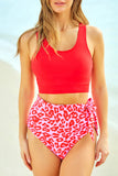 LC433055-3-S, LC433055-3-M, LC433055-3-L, LC433055-3-XL, Red Floral Printed Lace Up Two Piece Swimsuit High Waisted Bottom Bikini Set