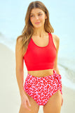 LC433055-3-S, LC433055-3-M, LC433055-3-L, LC433055-3-XL, Red Floral Printed Lace Up Two Piece Swimsuit High Waisted Bottom Bikini Set