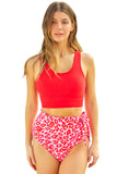LC433055-3-S, LC433055-3-M, LC433055-3-L, LC433055-3-XL, Red Floral Printed Lace Up Two Piece Swimsuit High Waisted Bottom Bikini Set