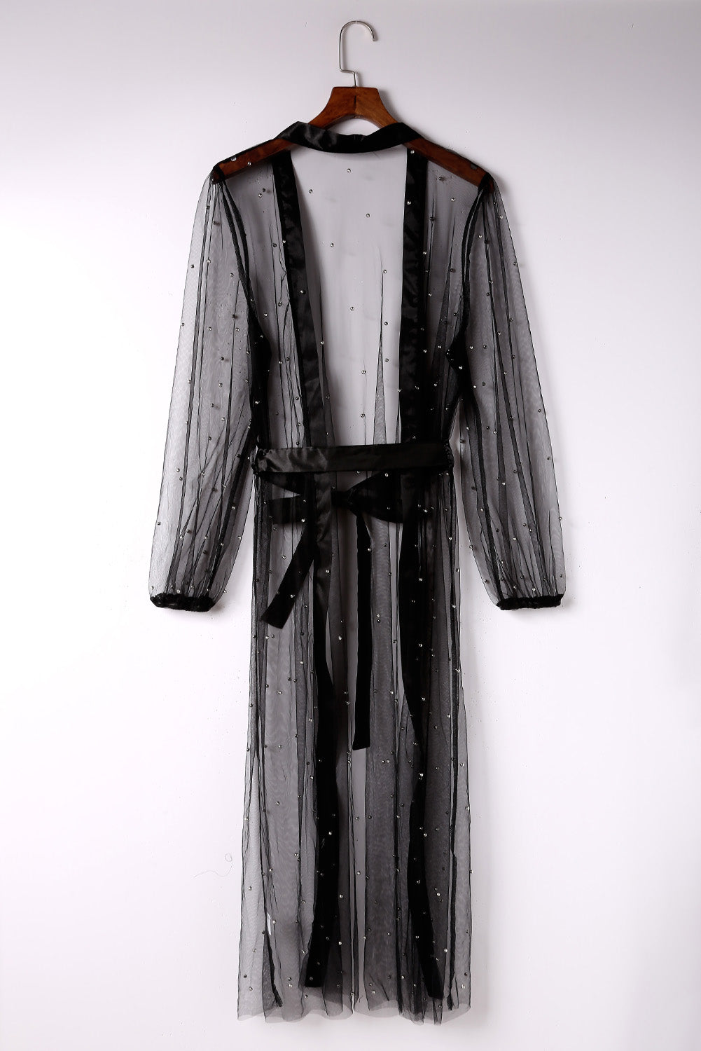 LC2541231-2, Black  Sheer Embellished Tulle Duster Kimono