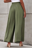 LC7711508-9-S, LC7711508-9-M, LC7711508-9-L, LC7711508-9-XL, Green Drawstring Smocked High Waist Wide Leg Pants