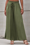 LC7711508-9-S, LC7711508-9-M, LC7711508-9-L, LC7711508-9-XL, Green Drawstring Smocked High Waist Wide Leg Pants