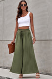 LC7711508-9-S, LC7711508-9-M, LC7711508-9-L, LC7711508-9-XL, Green Drawstring Smocked High Waist Wide Leg Pants