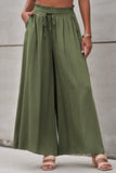 LC7711508-9-S, LC7711508-9-M, LC7711508-9-L, LC7711508-9-XL, Green Drawstring Smocked High Waist Wide Leg Pants