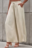 LC7711508-15-S, LC7711508-15-M, LC7711508-15-L, LC7711508-15-XL, Beige Drawstring Smocked High Waist Wide Leg Pants