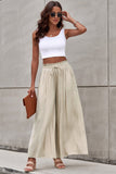 LC7711508-15-S, LC7711508-15-M, LC7711508-15-L, LC7711508-15-XL, Beige Drawstring Smocked High Waist Wide Leg Pants