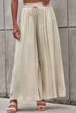 LC7711508-15-S, LC7711508-15-M, LC7711508-15-L, LC7711508-15-XL, Beige Drawstring Smocked High Waist Wide Leg Pants