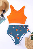 LC433055-14-S, LC433055-14-M, LC433055-14-L, LC433055-14-XL, Orange Floral Printed Lace Up Two Piece Swimsuit High Waisted Bottom Bikini Set