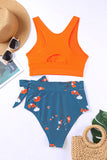 LC433055-14-S, LC433055-14-M, LC433055-14-L, LC433055-14-XL, Orange Floral Printed Lace Up Two Piece Swimsuit High Waisted Bottom Bikini Set