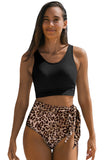 LC433055-20-S, LC433055-20-M, LC433055-20-L, LC433055-20-XL, Leopard Floral Printed Lace Up Two Piece Swimsuit High Waisted Bottom Bikini Set