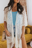 LC2541328-1, White Loose Knitwear Kimono with Slits