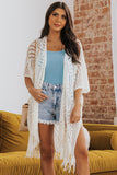 LC2541328-1, White Loose Knitwear Kimono with Slits