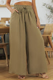 LC7711508-9-S, LC7711508-9-M, LC7711508-9-L, LC7711508-9-XL, Green Drawstring Smocked High Waist Wide Leg Pants
