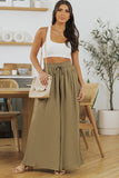 LC7711508-9-S, LC7711508-9-M, LC7711508-9-L, LC7711508-9-XL, Green Drawstring Smocked High Waist Wide Leg Pants