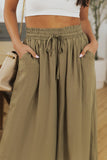 LC7711508-9-S, LC7711508-9-M, LC7711508-9-L, LC7711508-9-XL, Green Drawstring Smocked High Waist Wide Leg Pants