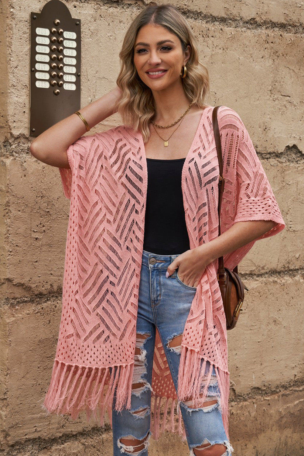 LC2541328-10, Pink Loose Knitwear Kimono with Slits