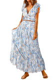 Women's Two Piece Floral Ruffled Crop Top and Maxi Skirt Set