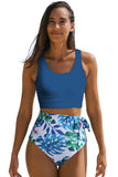 LC433055-4-S, LC433055-4-M, LC433055-4-L, LC433055-4-XL, Sky Blue Floral Printed Lace Up Two Piece Swimsuit High Waisted Bottom Bikini Set