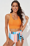 LC433055-1014-S, LC433055-1014-M, LC433055-1014-L, LC433055-1014-XL, Orange Floral Printed Lace Up Two Piece Swimsuit High Waisted Bottom Bikini Set