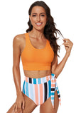 LC433055-1014-S, LC433055-1014-M, LC433055-1014-L, LC433055-1014-XL, Orange Floral Printed Lace Up Two Piece Swimsuit High Waisted Bottom Bikini Set