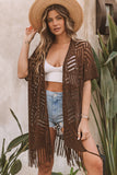 LC2541328-17, Brown Loose Knitwear Kimono with Slits