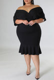 PL61521-2-1X, PL61521-2-2X, PL61521-2-3X, Black Plus Size Pleated V Neck Ruffle Hem Bodycon Dress