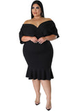 PL61521-2-1X, PL61521-2-2X, PL61521-2-3X, Black Plus Size Pleated V Neck Ruffle Hem Bodycon Dress