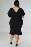 PL61521-2-1X, PL61521-2-2X, PL61521-2-3X, Black Plus Size Pleated V Neck Ruffle Hem Bodycon Dress