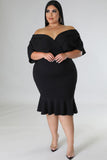 PL61521-2-1X, PL61521-2-2X, PL61521-2-3X, Black Plus Size Pleated V Neck Ruffle Hem Bodycon Dress