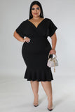 PL61521-2-1X, PL61521-2-2X, PL61521-2-3X, Black Plus Size Pleated V Neck Ruffle Hem Bodycon Dress