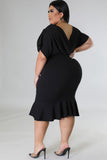 PL61521-2-1X, PL61521-2-2X, PL61521-2-3X, Black Plus Size Pleated V Neck Ruffle Hem Bodycon Dress