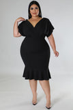 PL61521-2-1X, PL61521-2-2X, PL61521-2-3X, Black Plus Size Pleated V Neck Ruffle Hem Bodycon Dress