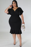PL61521-2-1X, PL61521-2-2X, PL61521-2-3X, Black Plus Size Pleated V Neck Ruffle Hem Bodycon Dress