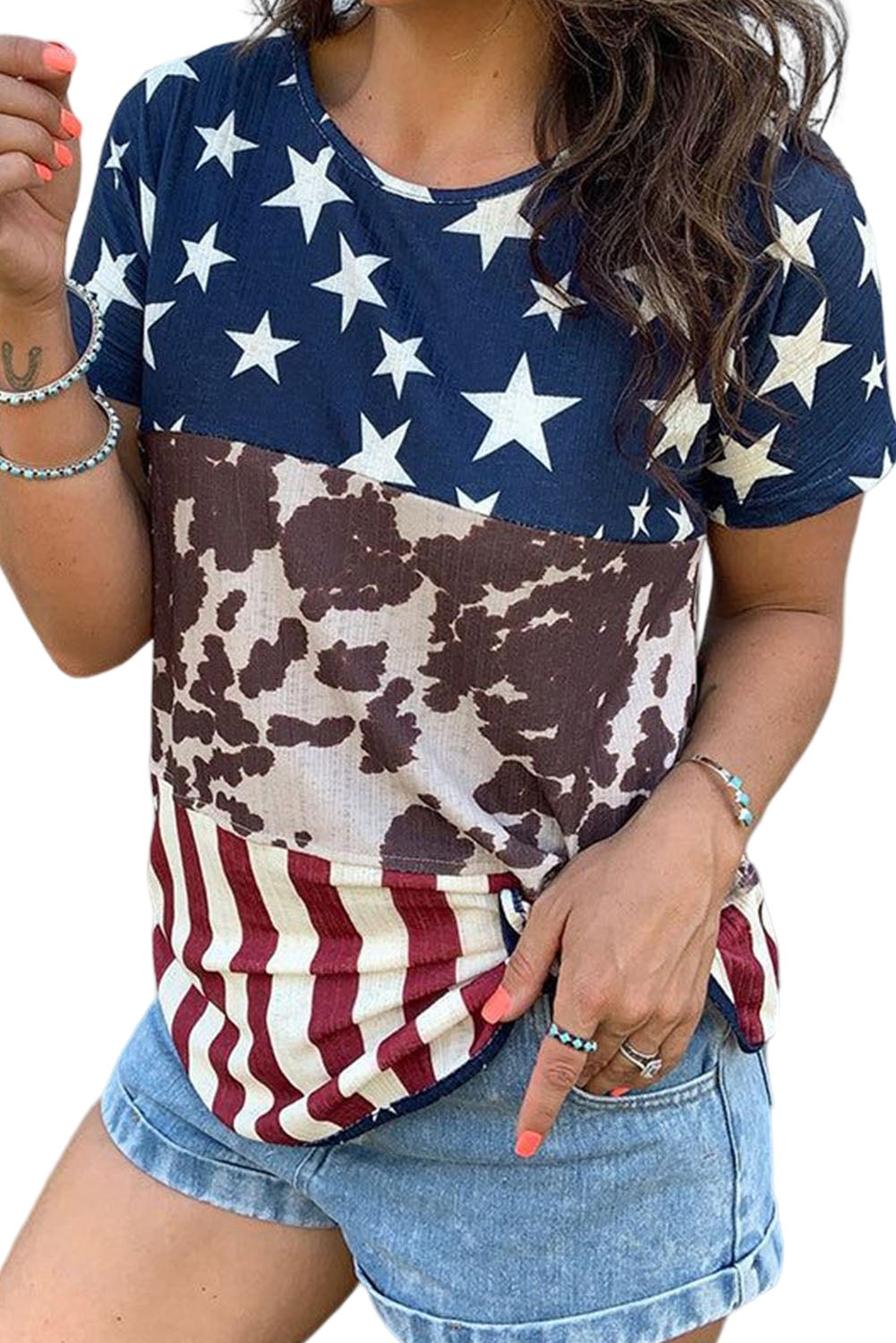 LC25220091-5-S, LC25220091-5-M, LC25220091-5-L, LC25220091-5-XL, Blue Western Flag Print Patchwork T-shirt
