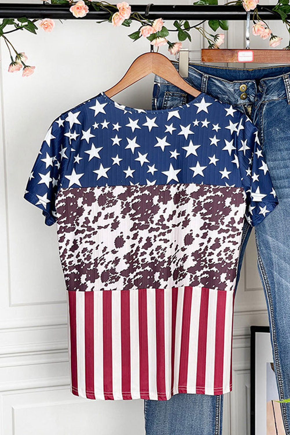 LC25220091-5-S, LC25220091-5-M, LC25220091-5-L, LC25220091-5-XL, Blue Western Flag Print Patchwork T-shirt