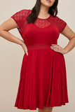 PL61449-3-1X, PL61449-3-2X, PL61449-3-3X, Red Plus Size Lace Yoke Splice Fit-and-flare Curvy Dress