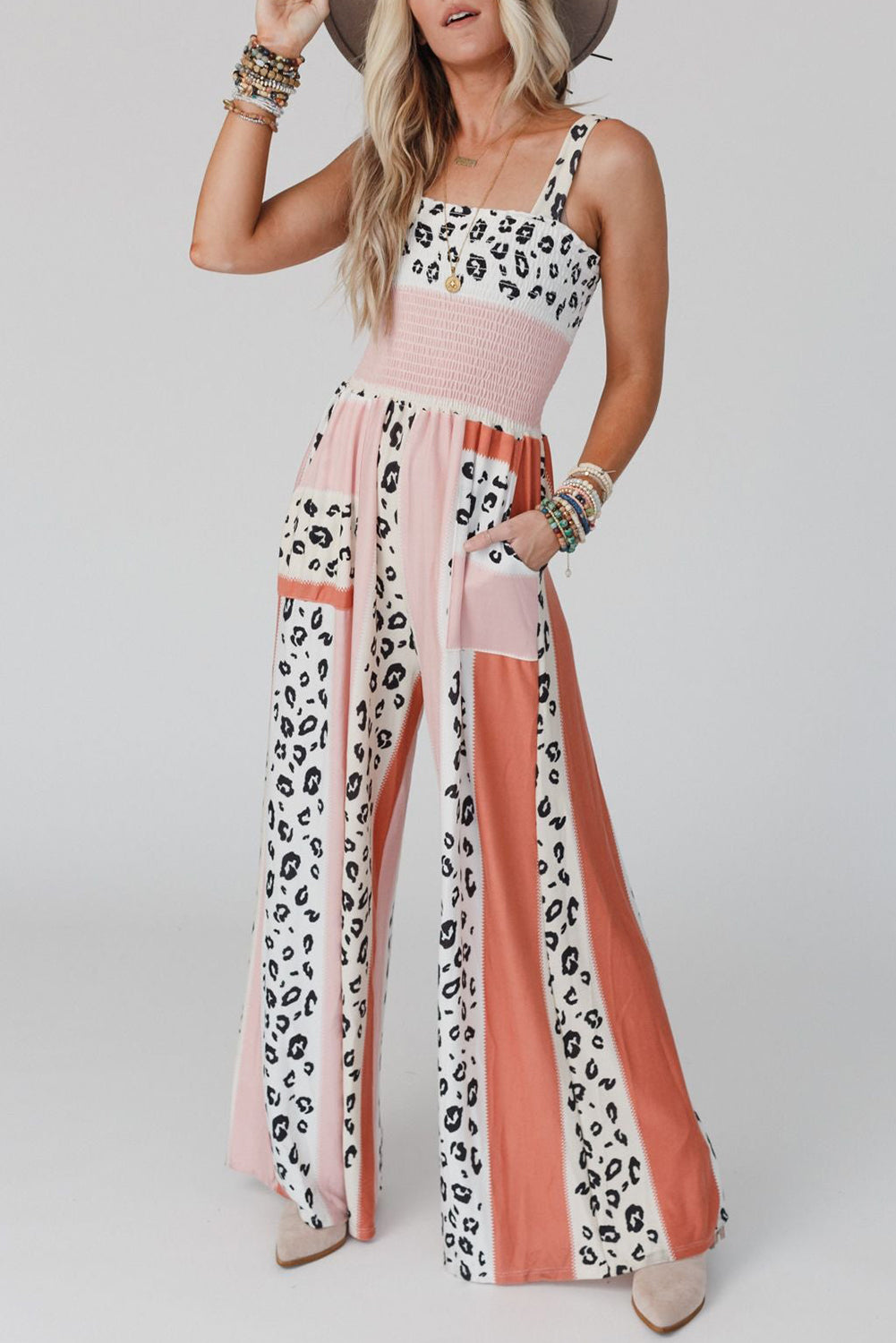 LC6411870-10-S, LC6411870-10-M, LC6411870-10-L, LC6411870-10-XL, Pink Leopard Color Block Mix Print Pocketed Jumpsuit