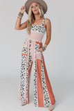 LC6411870-10-S, LC6411870-10-M, LC6411870-10-L, LC6411870-10-XL, Pink Leopard Color Block Mix Print Pocketed Jumpsuit