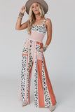 LC6411870-10-S, LC6411870-10-M, LC6411870-10-L, LC6411870-10-XL, Pink Leopard Color Block Mix Print Pocketed Jumpsuit