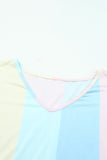 LC6113934-22-S, LC6113934-22-M, LC6113934-22-L, LC6113934-22-XL, Multicolor V Neck Short Sleeve Mini Dress Striped Color Block Tiered A-Line Swing Short Dresses
