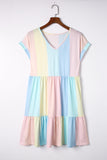 LC6113934-22-S, LC6113934-22-M, LC6113934-22-L, LC6113934-22-XL, Multicolor V Neck Short Sleeve Mini Dress Striped Color Block Tiered A-Line Swing Short Dresses