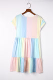 LC6113934-22-S, LC6113934-22-M, LC6113934-22-L, LC6113934-22-XL, Multicolor V Neck Short Sleeve Mini Dress Striped Color Block Tiered A-Line Swing Short Dresses