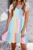 LC6113934-22-S, LC6113934-22-M, LC6113934-22-L, LC6113934-22-XL, Multicolor V Neck Short Sleeve Mini Dress Striped Color Block Tiered A-Line Swing Short Dresses